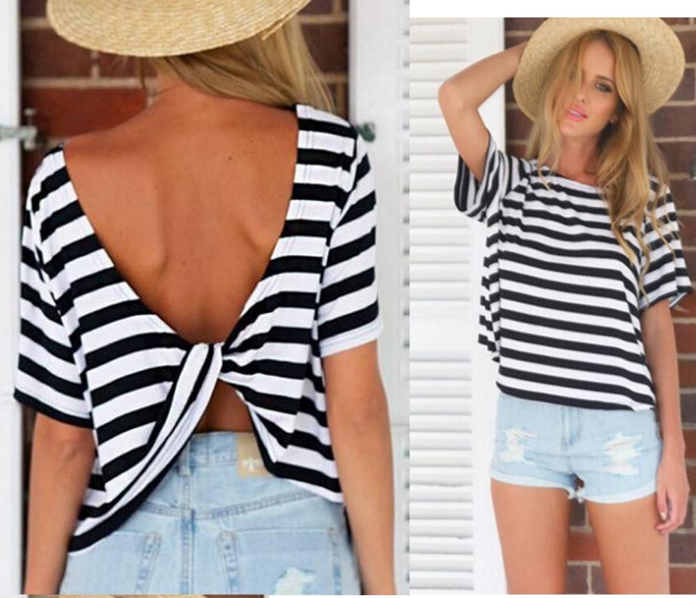 Striped Backless Back Cross Casual Top T-shirt - OhYoursFashion - 1