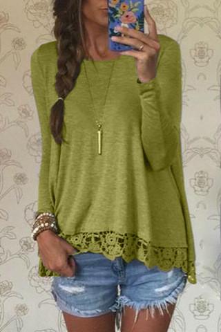 Lace Patchwork Long Sleeves Casual Loose Scoop T-shirt - OhYoursFashion - 1