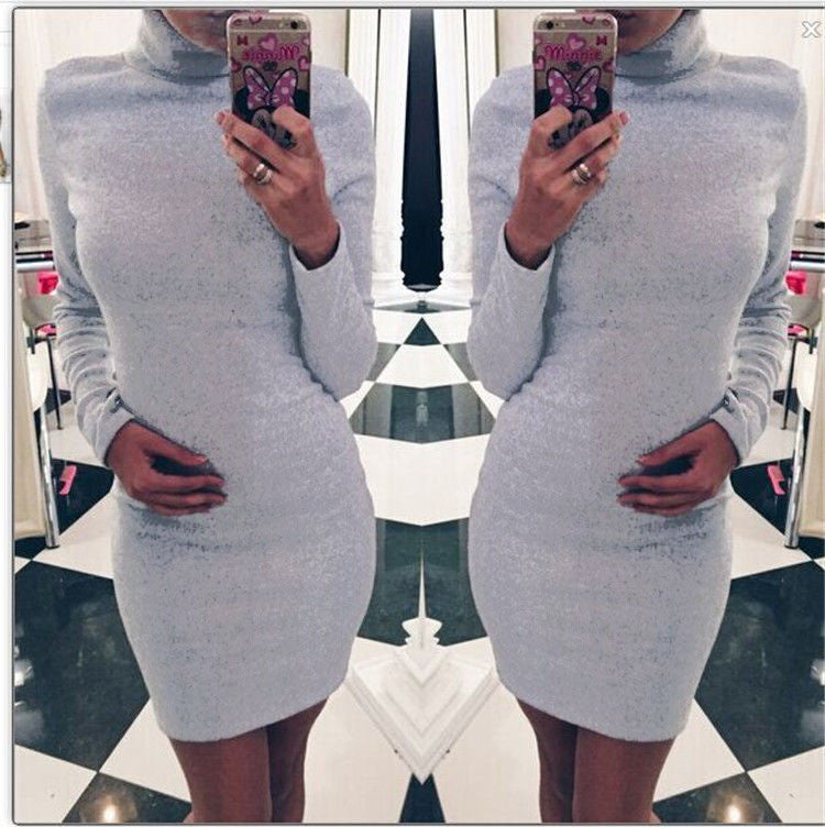 High Neck Slim Warm Long Sleeves Short Dress - Oh Yours Fashion - 1