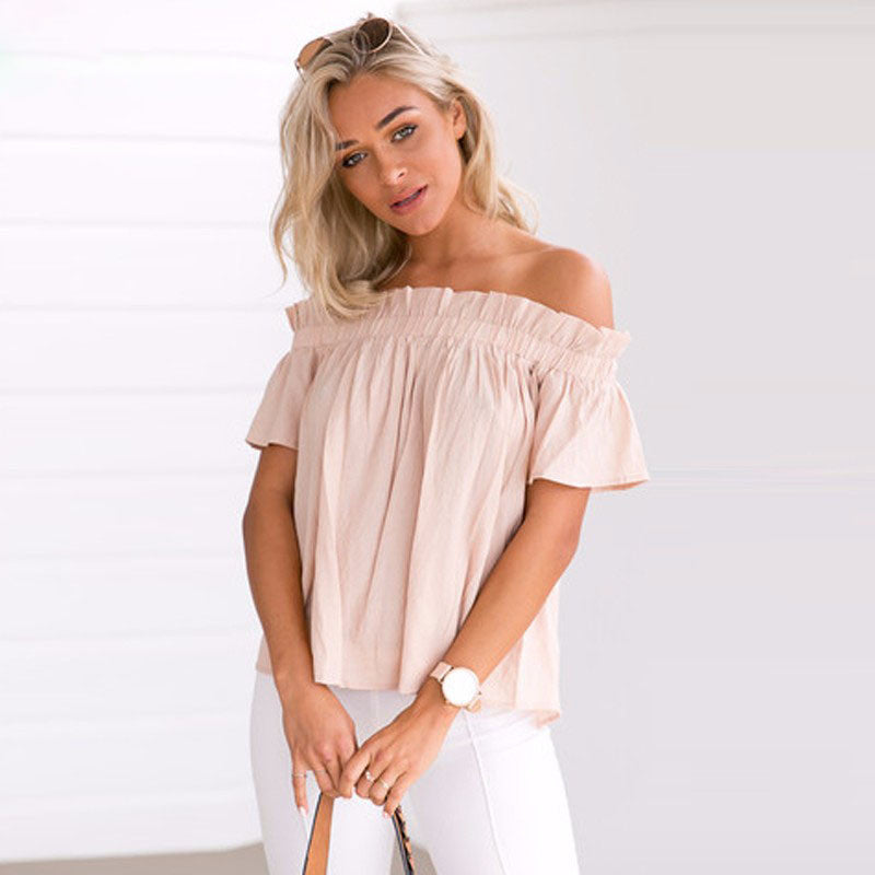 Strapless Falbala Short Sleeves Pure Color Blouse - Oh Yours Fashion - 5