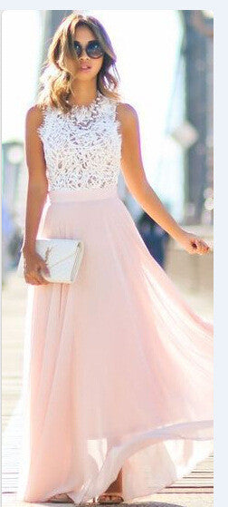 Fashionable Lace Splicing O-neck Sleeveless Long Dress - Oh Yours Fashion - 1