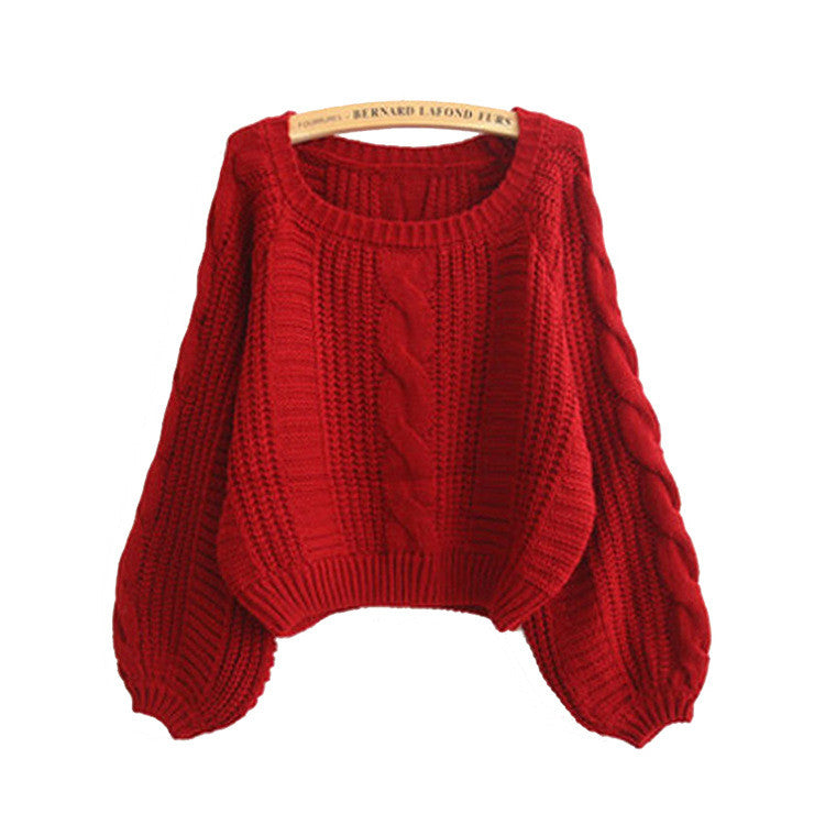 Cable Sleeve Coarse Yam Pure Color Pullover Sweater - Oh Yours Fashion - 1