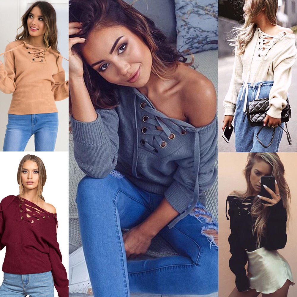 Sexy Deep V Off-Shoulder Lace Up Sweater - Oh Yours Fashion - 8