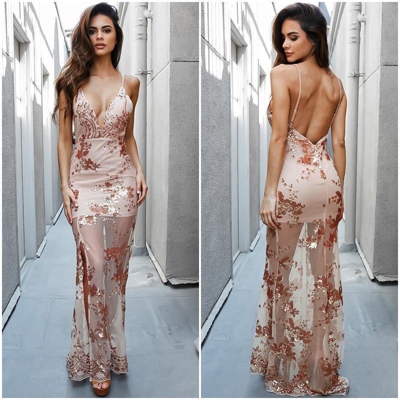 Sequins Print Spaghetti Straps Backless Long Party Dress