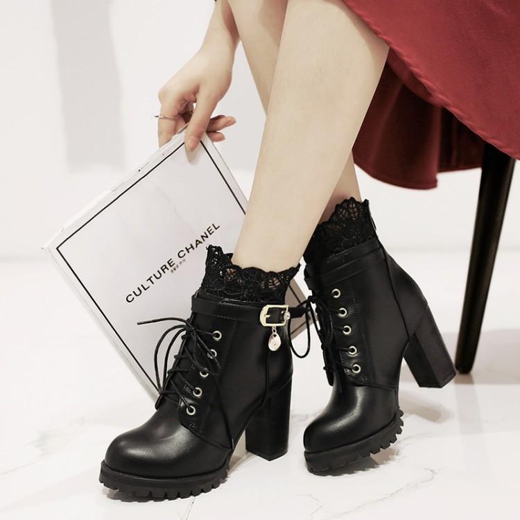 Lace Patchwork Lace UP Round Toe Middle Chunky Heels Short Boots