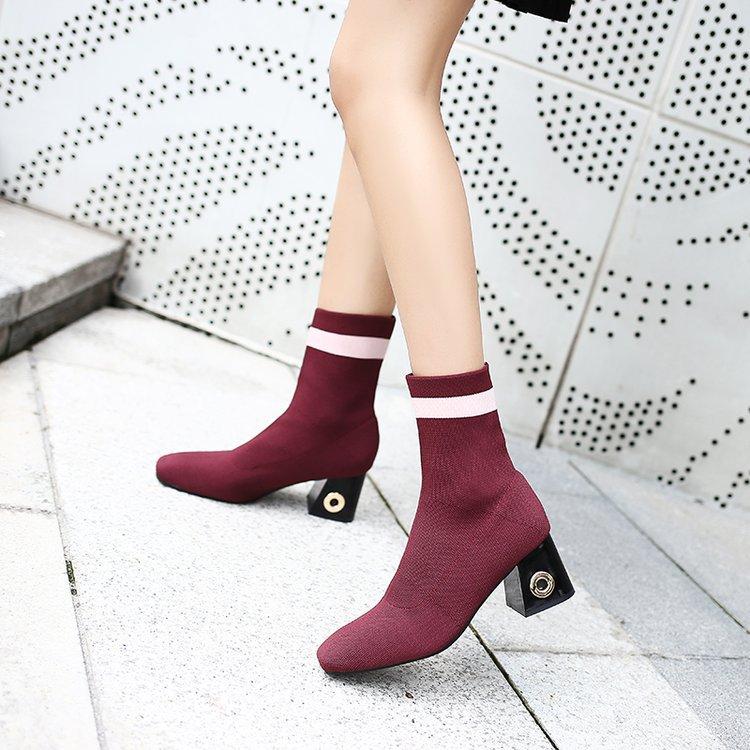 Patchwork Round Toe Pure Color Chunky Heel Short Boots