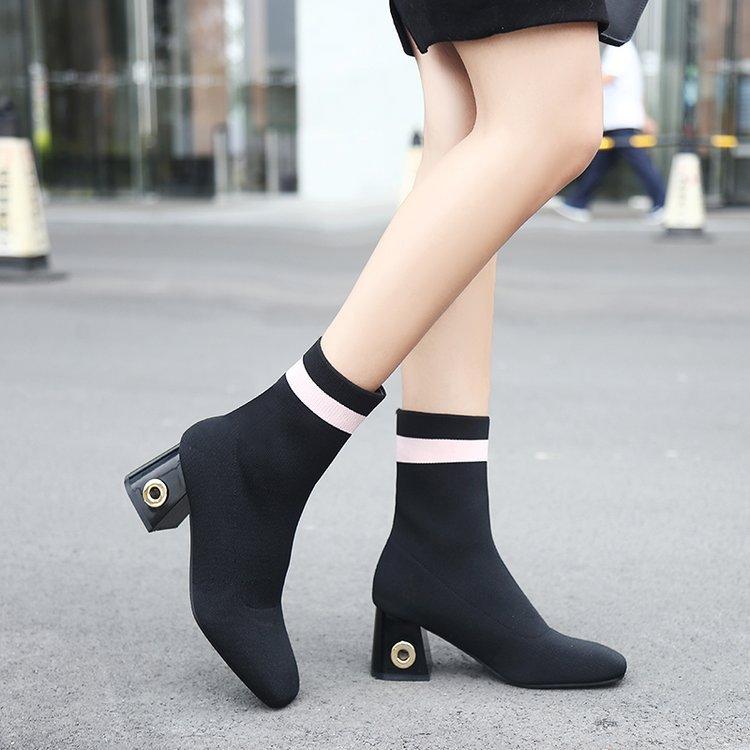 Patchwork Round Toe Pure Color Chunky Heel Short Boots