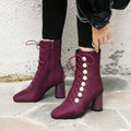 Suede Beads Round Toe Lace Up Middle Chunky Heels Short Boots