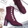 Suede Beads Round Toe Lace Up Middle Chunky Heels Short Boots