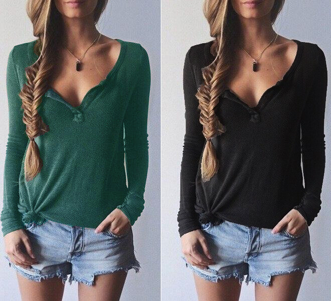 Ribbed Knit V-neck Pure Color Long Sleeves Sweater - Oh Yours Fashion - 1