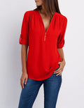 V-neck Candy Color Front Zipper Long Sleeves Loose Blouse