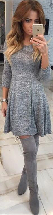 Fashion Gray A-Line Pleated Long Sleeve Short Dress - Oh Yours Fashion - 2