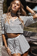 Stripes V-neck Crop Top with Shorts Two Pieces Set