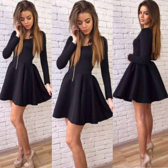 Long Sleeves Zipper High Waist Pleated Little Black Dress - OhYoursFashion - 1