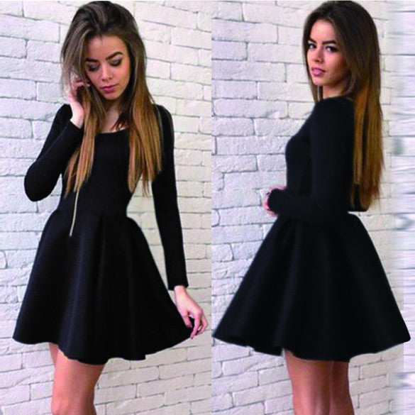 Long Sleeves Zipper High Waist Pleated Little Black Dress - OhYoursFashion - 1