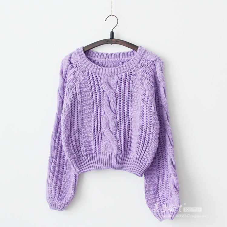 Cable Sleeve Coarse Yam Pure Color Pullover Sweater - Oh Yours Fashion - 5