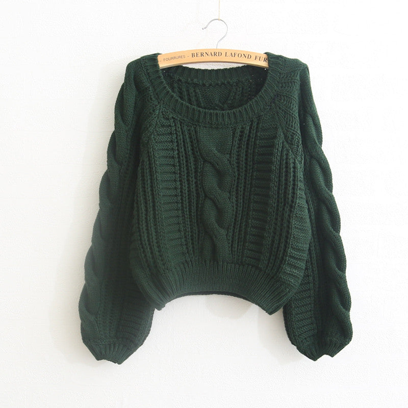 Cable Sleeve Coarse Yam Pure Color Pullover Sweater - Oh Yours Fashion - 3