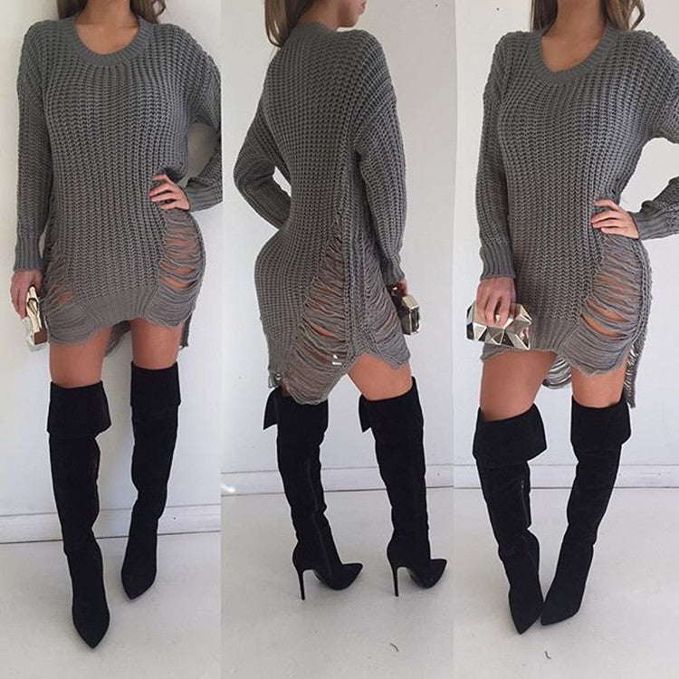 Hollow Out Knitting Irregular Long Sweater Dress - Oh Yours Fashion - 7