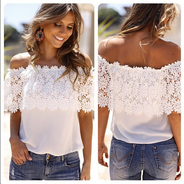 Lace Off-Shoulder Strapless Floral Patchwork T-shirt - Oh Yours Fashion - 1
