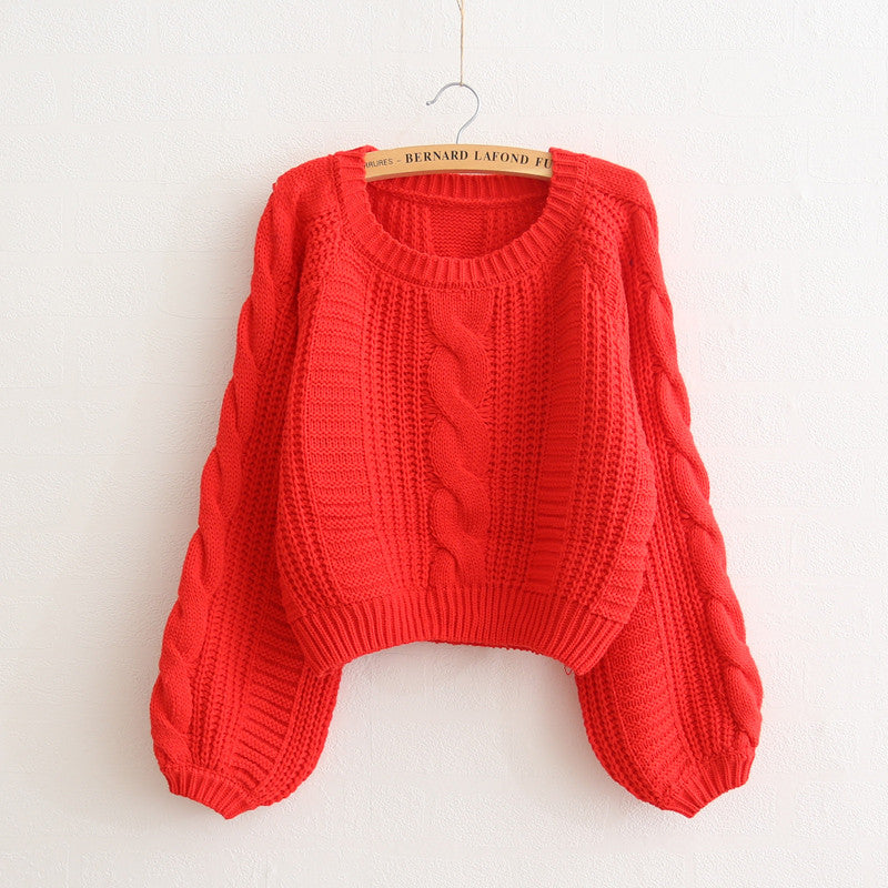 Cable Sleeve Coarse Yam Pure Color Pullover Sweater - Oh Yours Fashion - 7