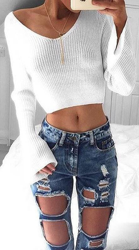 Sexy White Long Sleeve Crop Top Sweater - Oh Yours Fashion - 1