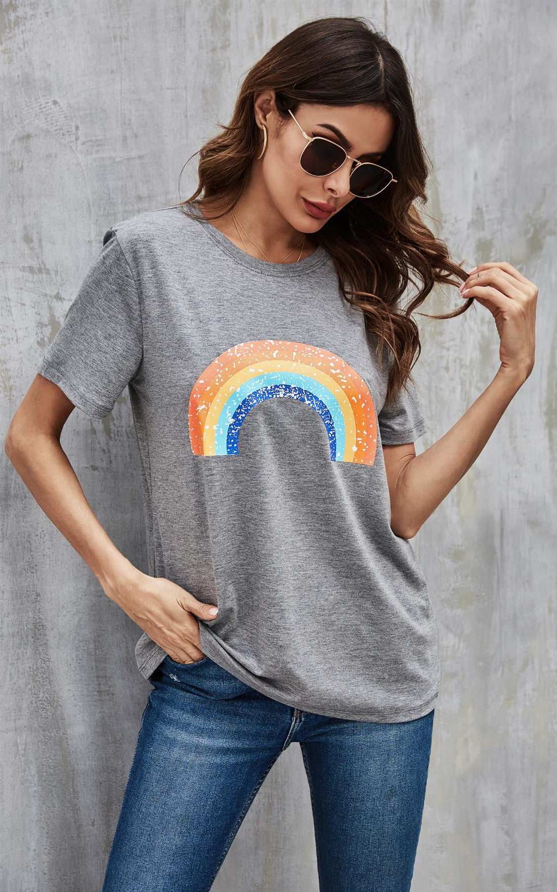 Rainbow Print T Shirt Top In Grey