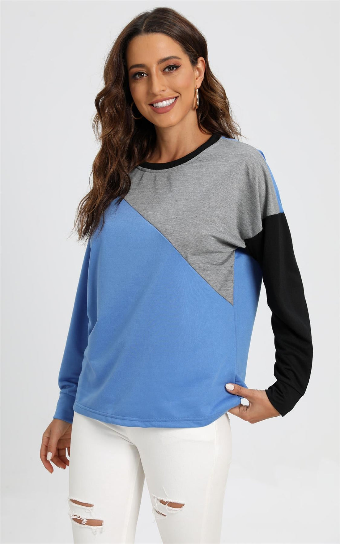 Grey Black Colour Block Oversized Top In Blue