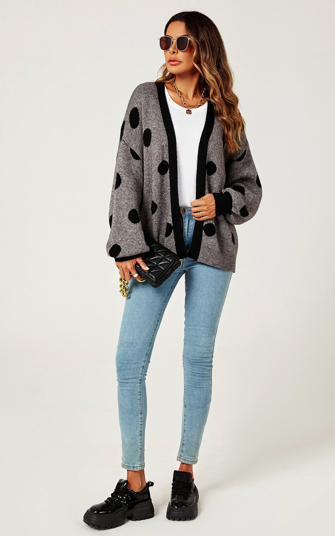 Black Polka Dot Pattern Cardigan Top In Charcoal Grey