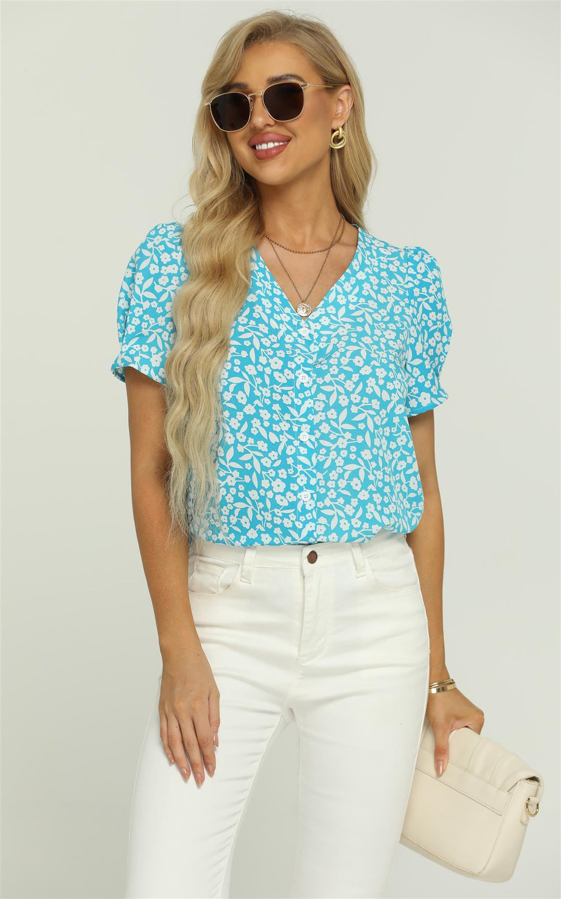 Short Sleeve Buttoned Blouse Top In Blue & White Flora Print