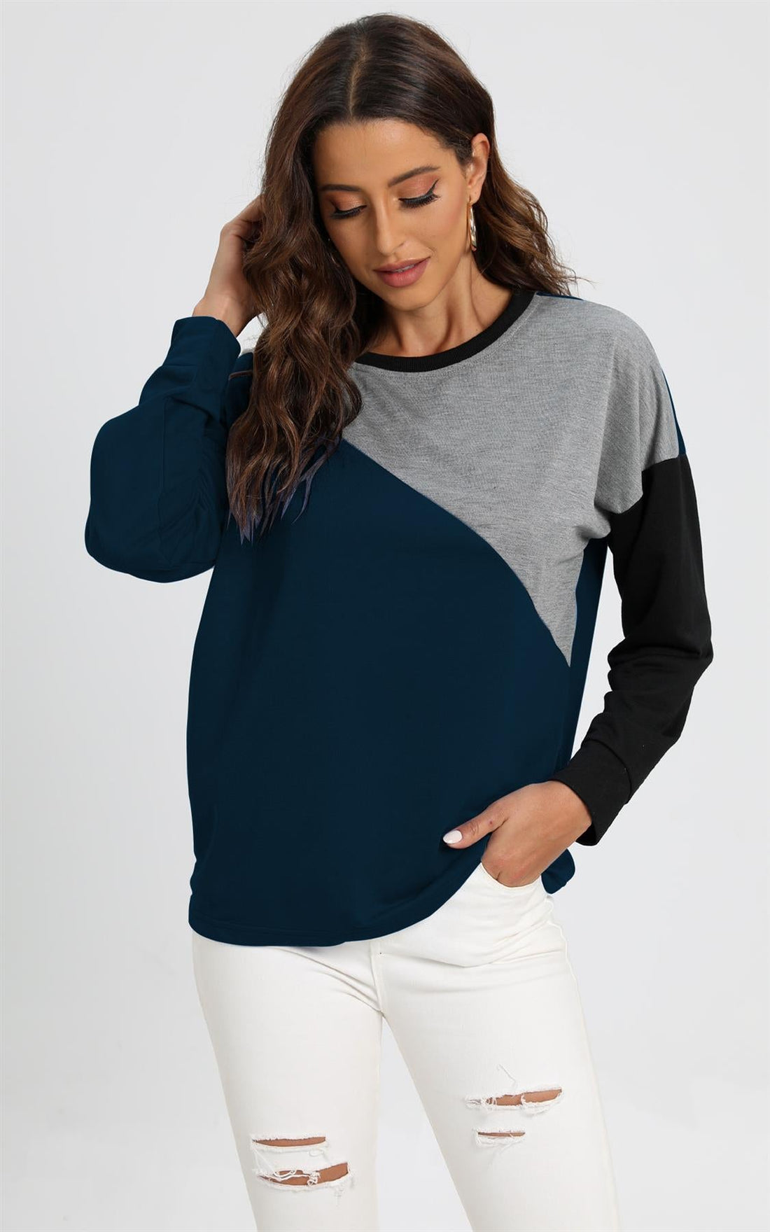 Grey Black Colour Block Oversized Top In Navy