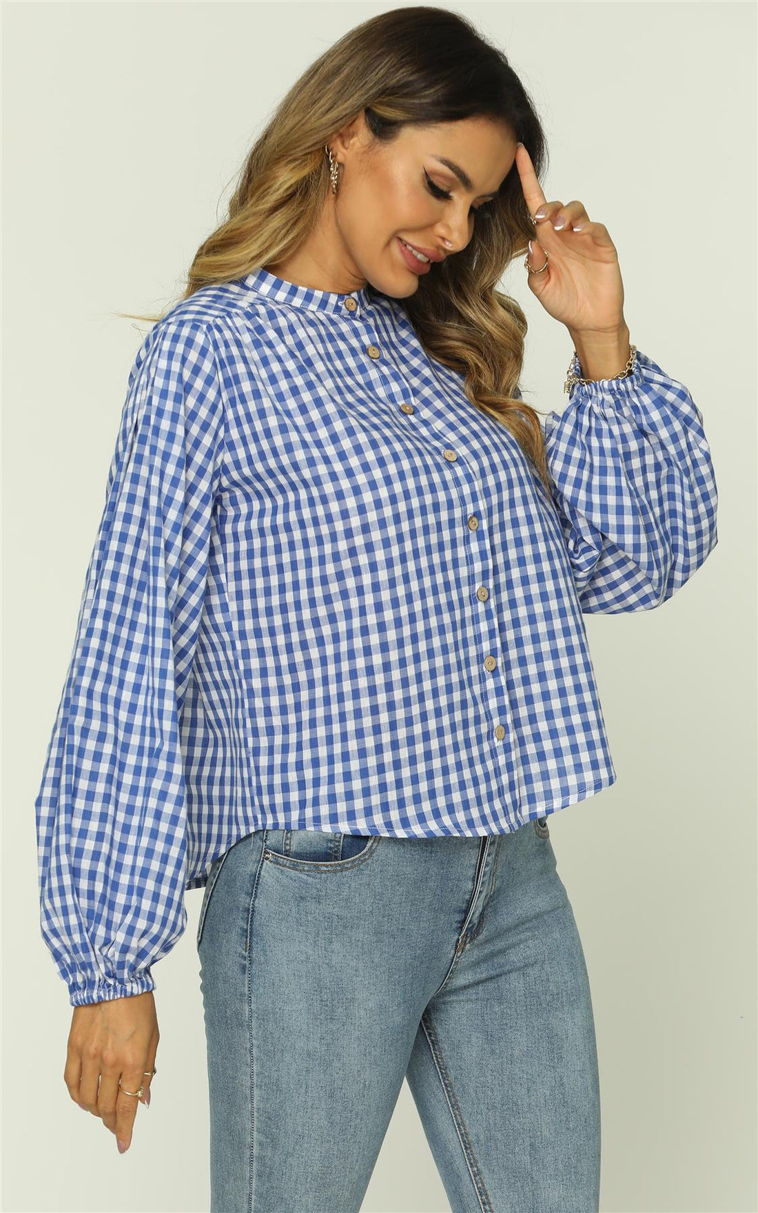 Gingham Print Band Collar Long Sleeve Top In Blue