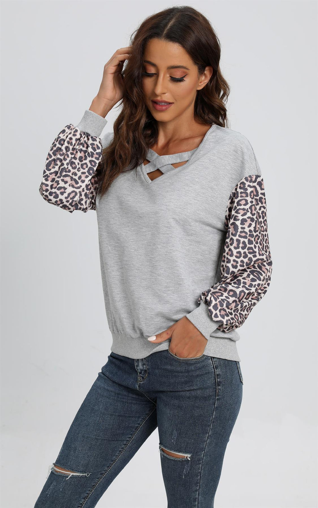 Animal Print Sleeves Cross Over Detail Top In Grey