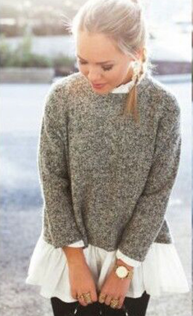 Collar Splicing Solid Color Knit Lace Sweater - Oh Yours Fashion - 2