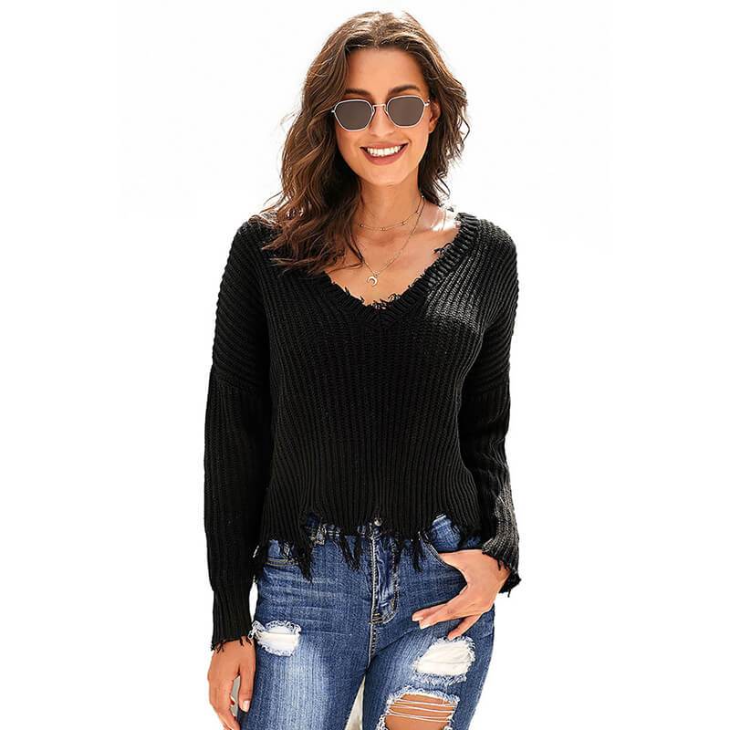 V-neck Distressed Pullover Sweater