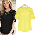 Lace Patchwork Short Sleeves Scoop Hollow Out Chiffon Blouse - Oh Yours Fashion - 1