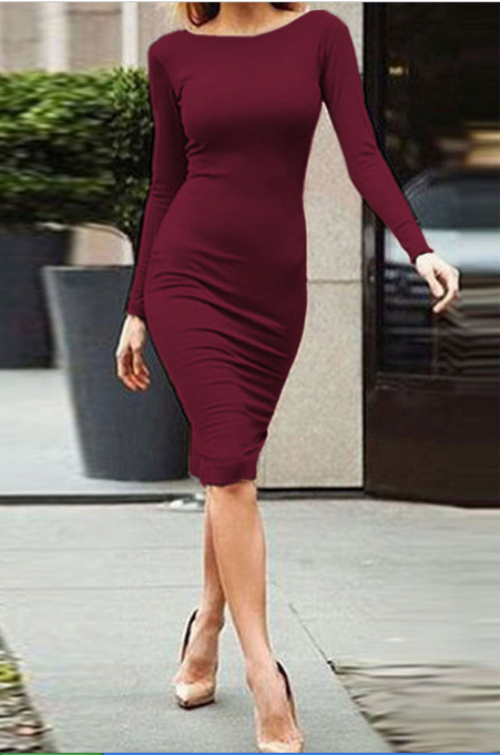 Pure Color Slim Backless Long Sleeve Long Dress - Oh Yours Fashion - 3