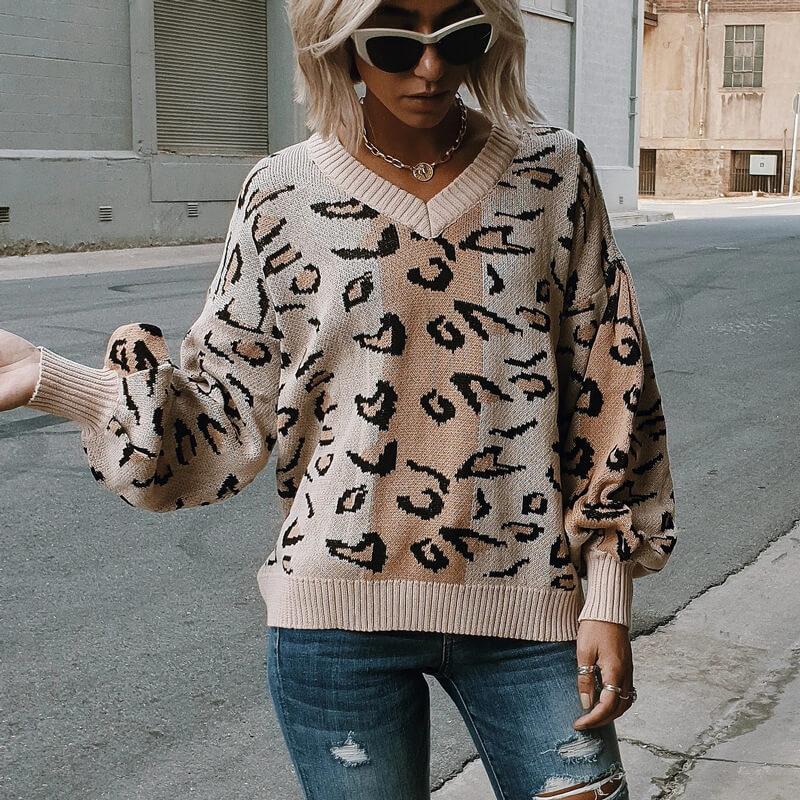 V Neck Colorblock Leopard Sweater