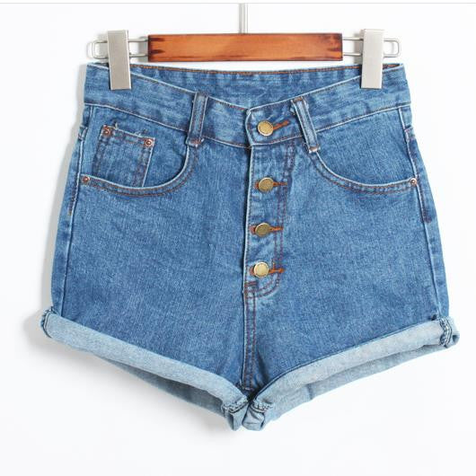 Button High Waist Rolled Hem Casual Denim Shorts - Oh Yours Fashion - 1