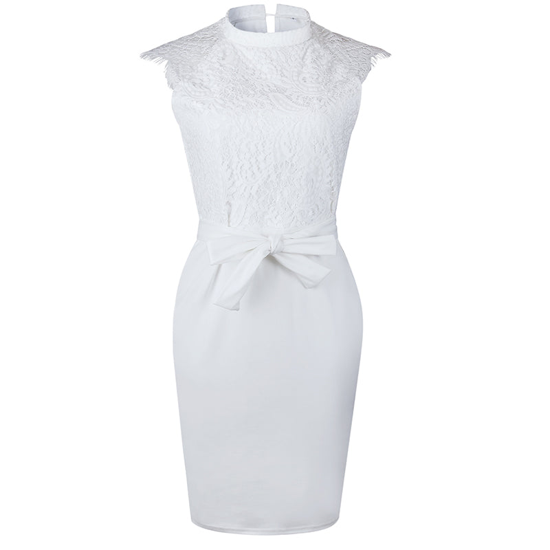 Lace Patchwork Straps Women Knee-length White Dress