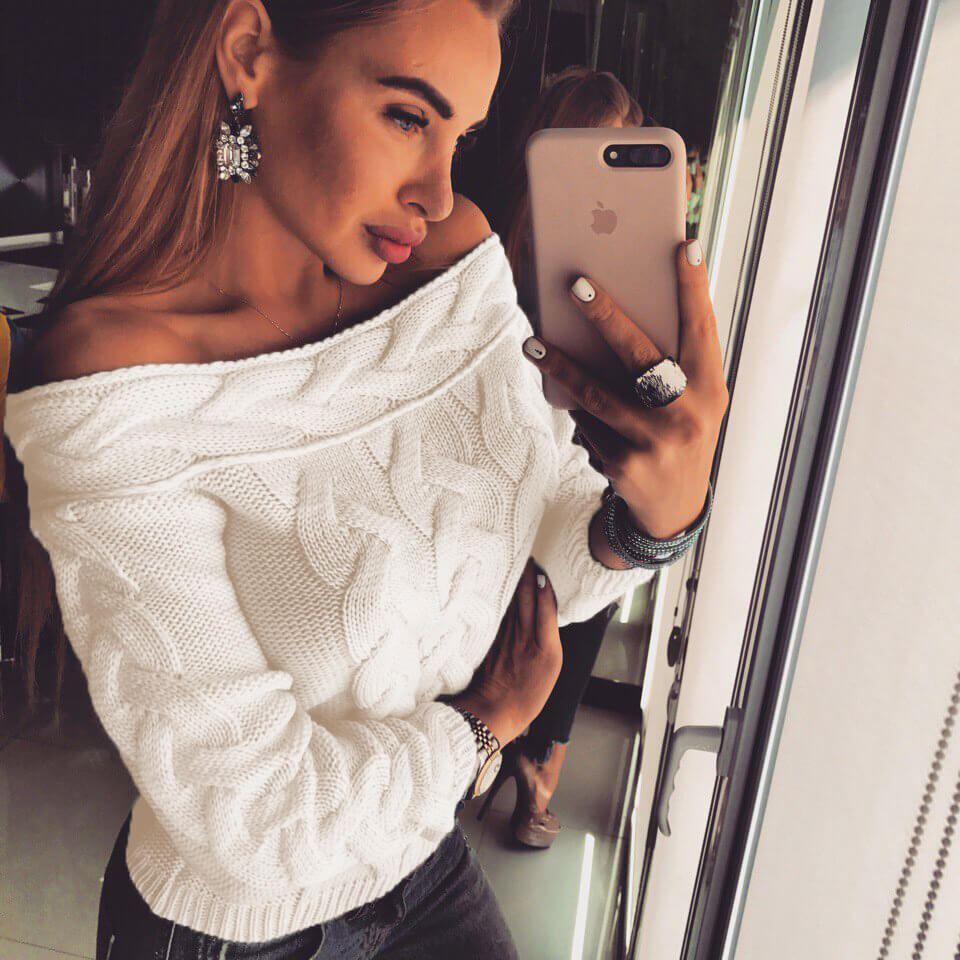 Off-the-Shoulder Cable Knitted Sweater