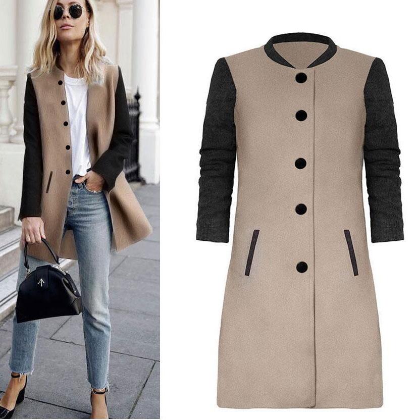 Slim Buttons Long Sleeve Stand Collar Patchwork Coat