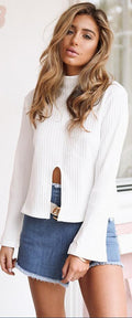High Neck Stretchy Ribbed-Knit Split Long Sleeve Blouse - Oh Yours Fashion - 2