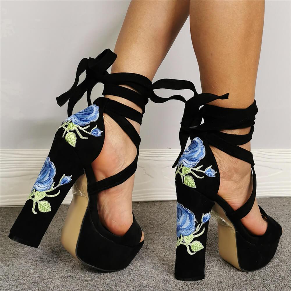 Suede Platform Embroidery Strap Chunky Heel Sandals