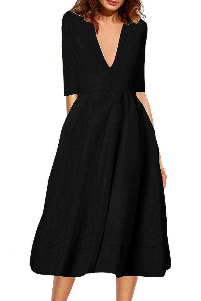 V-neck 3/4 Sleeves Solid High-waist Pleated Long Party Dress 