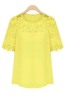 Lace Patchwork Short Sleeves Scoop Hollow Out Chiffon Blouse - Oh Yours Fashion - 6
