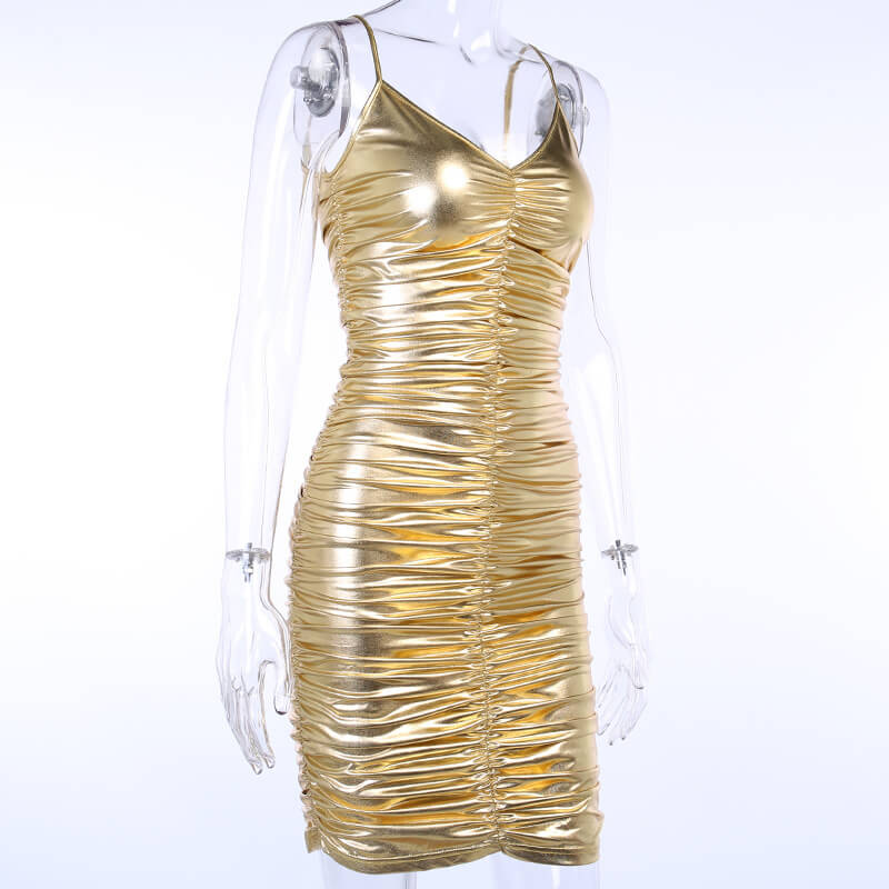 Metallic Ruched Sling Short Dress