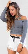 Sexy Ribbed-Knit Off-Shoulder Long Sleeve Slim Crop Top
