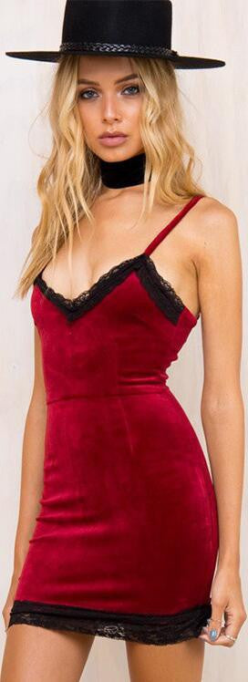 Velvet Lace Spaghetti Strap Bodycon Short Dress - Oh Yours Fashion - 2