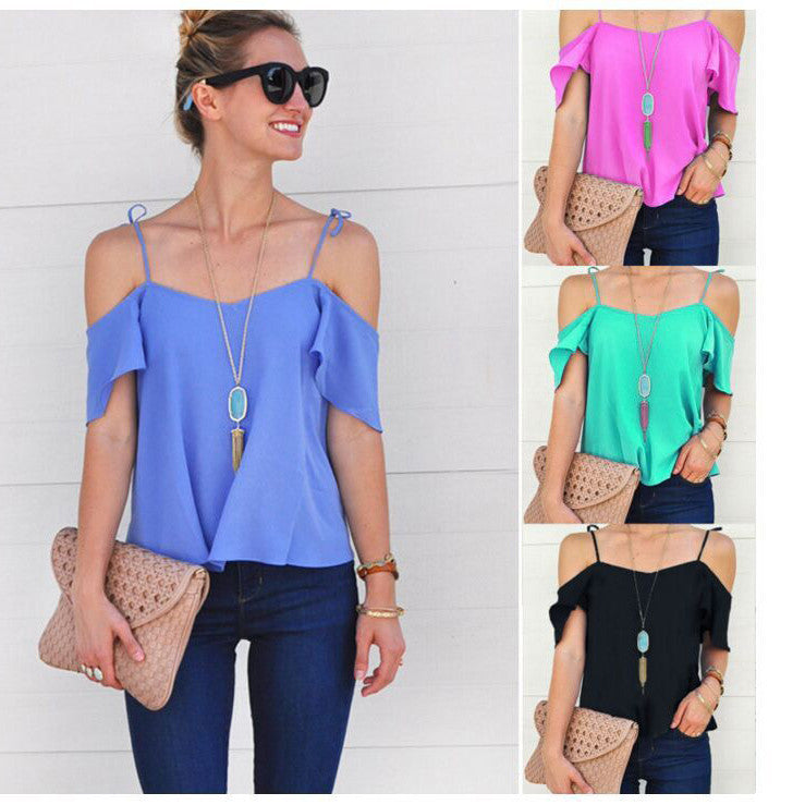 Spaghetti Straps Short Sleeves Candy Color Loose Blouse