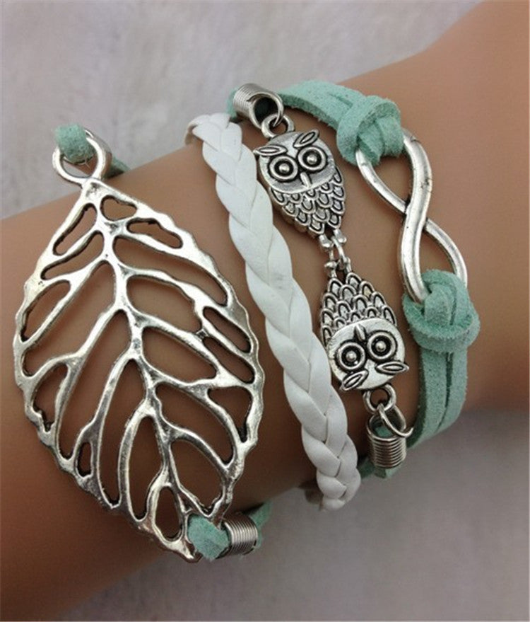 Joker Leaves Owl Multi-layer Leather Bracelet - Oh Yours Fashion